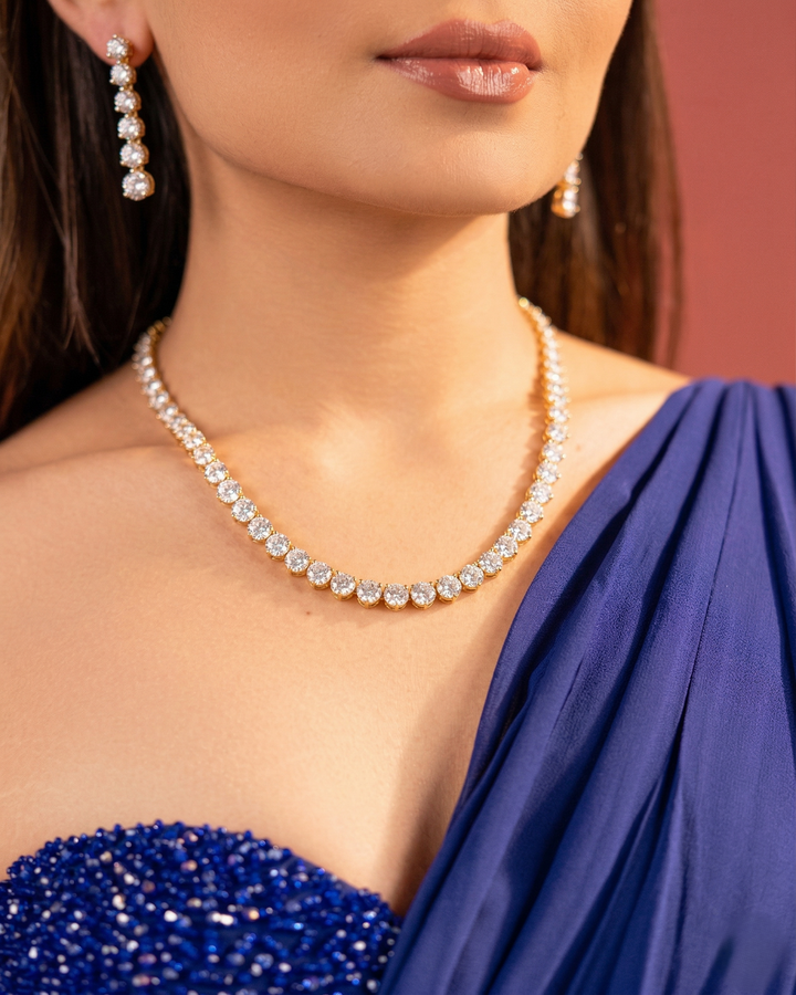 Diamond Look Solitaire Necklace Set with Drop Earrings – Gold Finish