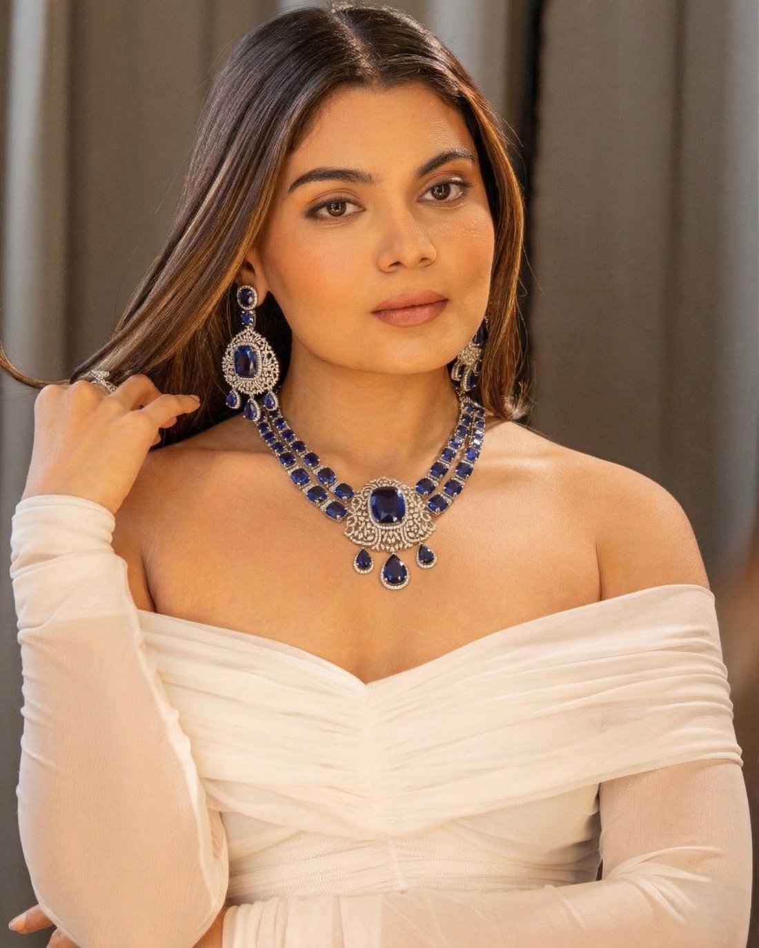 Purple Stone Diamond Necklace Set with Matching Earrings – Silver Finish