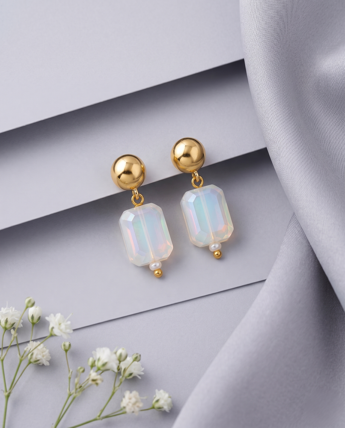 Handmade Golden Baroque Pearl, Opal Crystal & CZ Stone Mala Necklace Set with Matching Faceted Opal Crystal Earrings