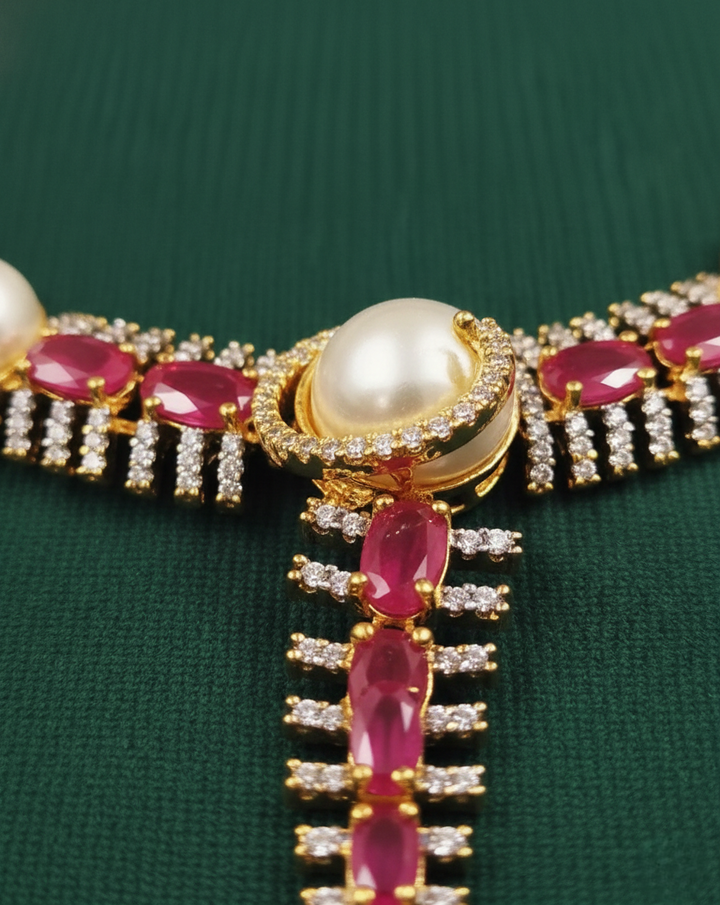 Ruby Red Stone & Pearl Diamond Necklace Set with Matching Earrings – Gold Polish