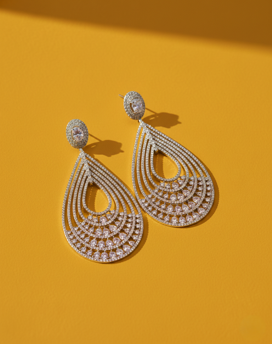 Layered Teardrop AD Drop Earrings for Women – Gold & Silver Finish