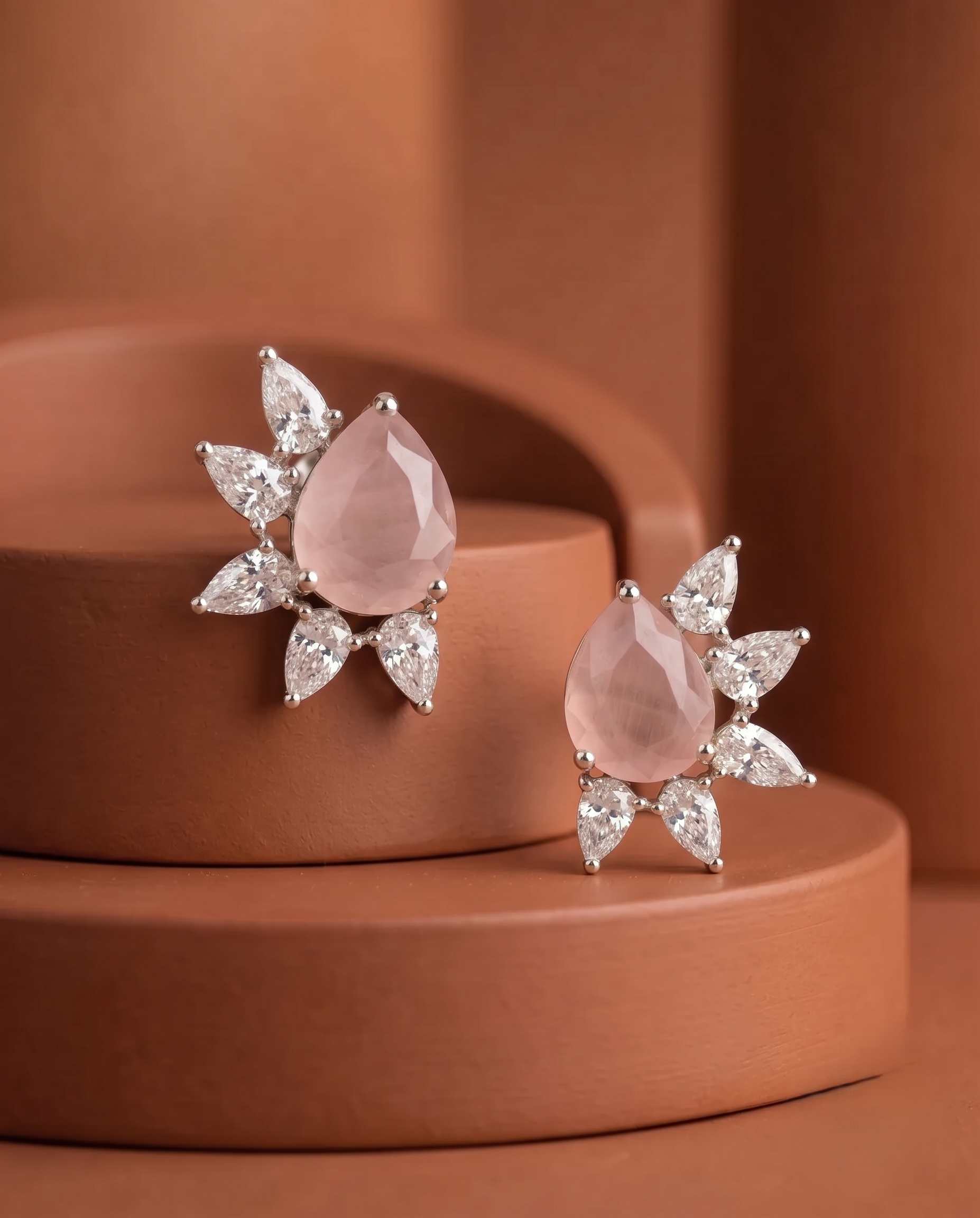 Celestia Bloom Studs – Pear Stone Diamond Floral Earrings (Multi Color Variants) - Silver Plated