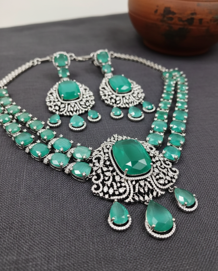 Green Stone Diamond Necklace Set with Matching Earrings – Silver Finish