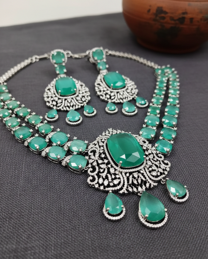 Green Stone Diamond Necklace Set with Matching Earrings – Silver Finish