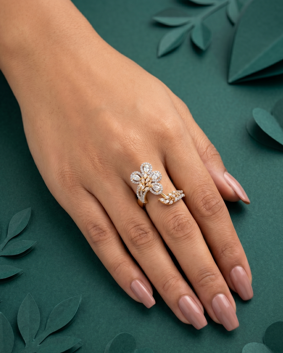 Royal Floral Stone Gold Plated Adjustable Ring (Ruby Red, Diamond White, Emerald Green)