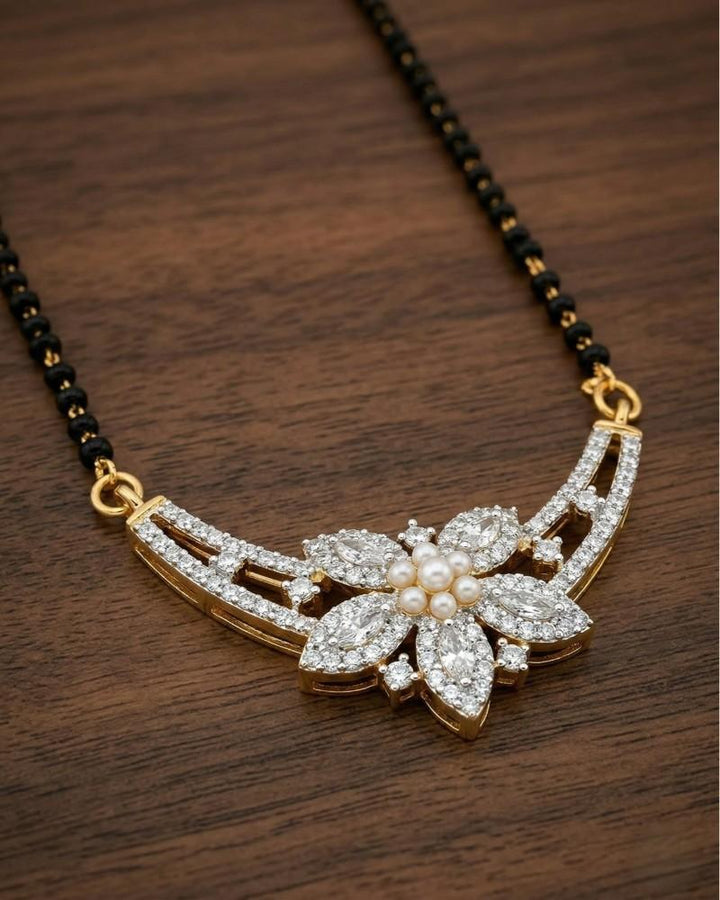 Floral Curve Diamond-Style Mangalsutra with Black Beads & Matching Stud Earrings