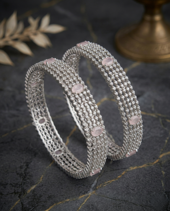 Premium Sparkle Design Soft Pink Diamond Mesh Bangles Pair Silver Tone