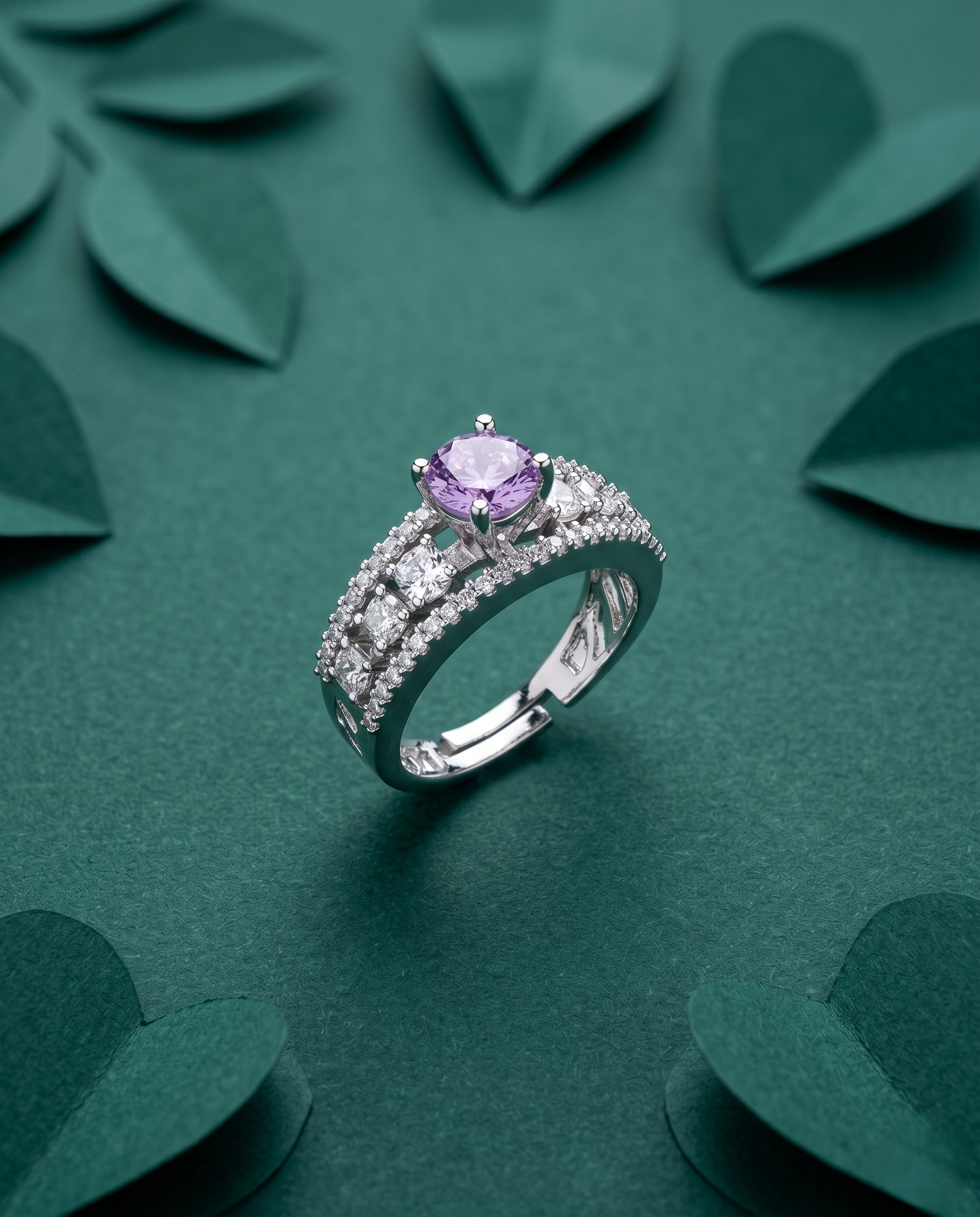 Premium Solitaire Diamond Look Ring Silver Plated Adjustable – 5 Color Variants
