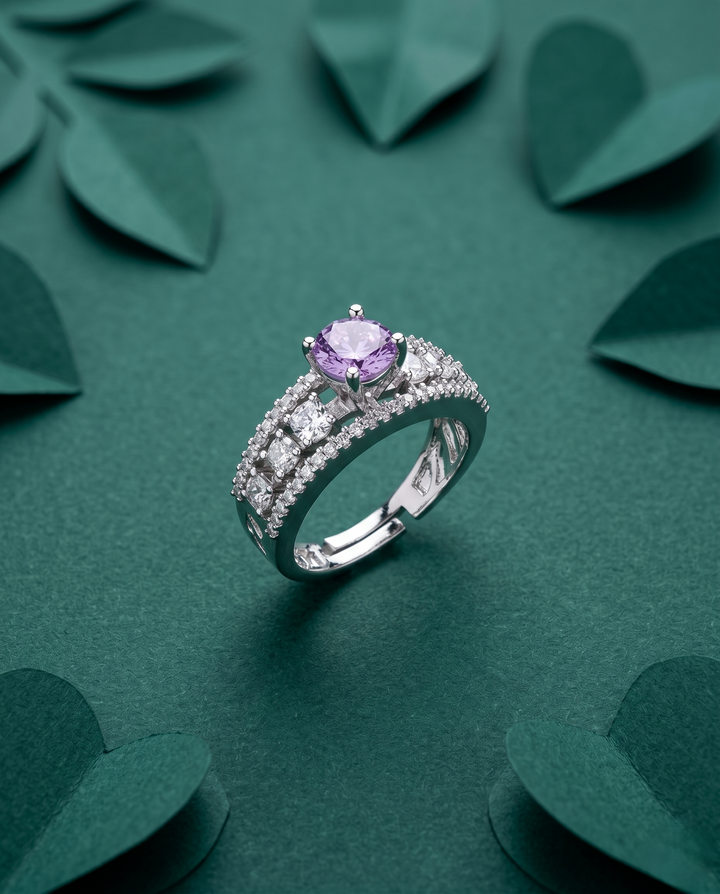 Premium Solitaire Diamond Look Ring Silver Plated Adjustable – 5 Color Variants