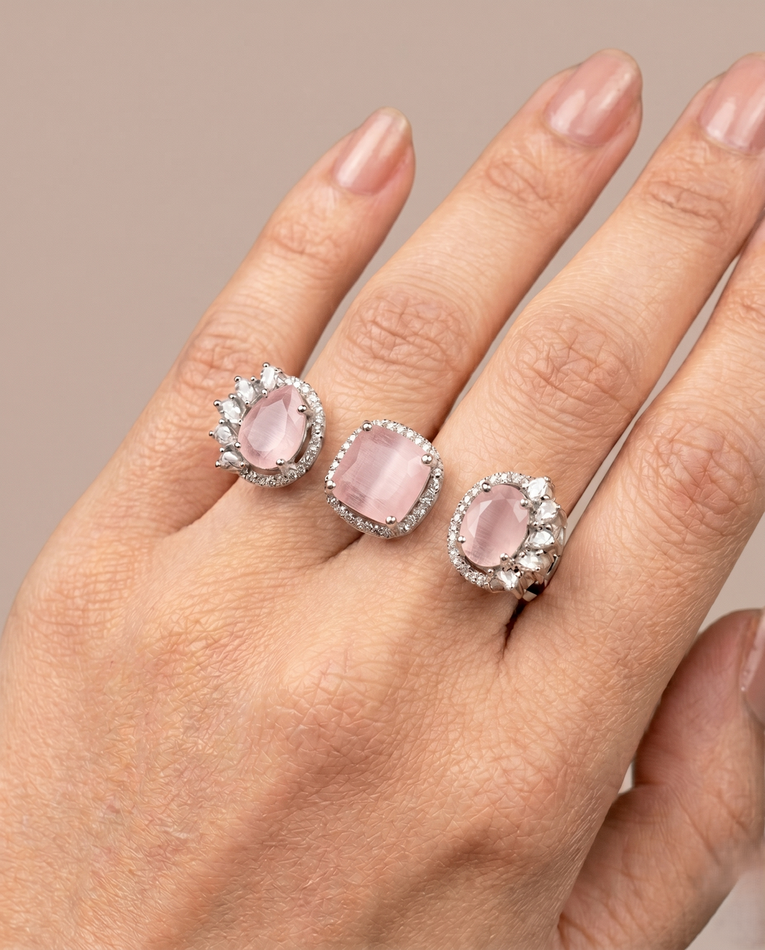 Meher Luxe Stone Adjustable Ring Trio – Elegant Crystal Statement Rings