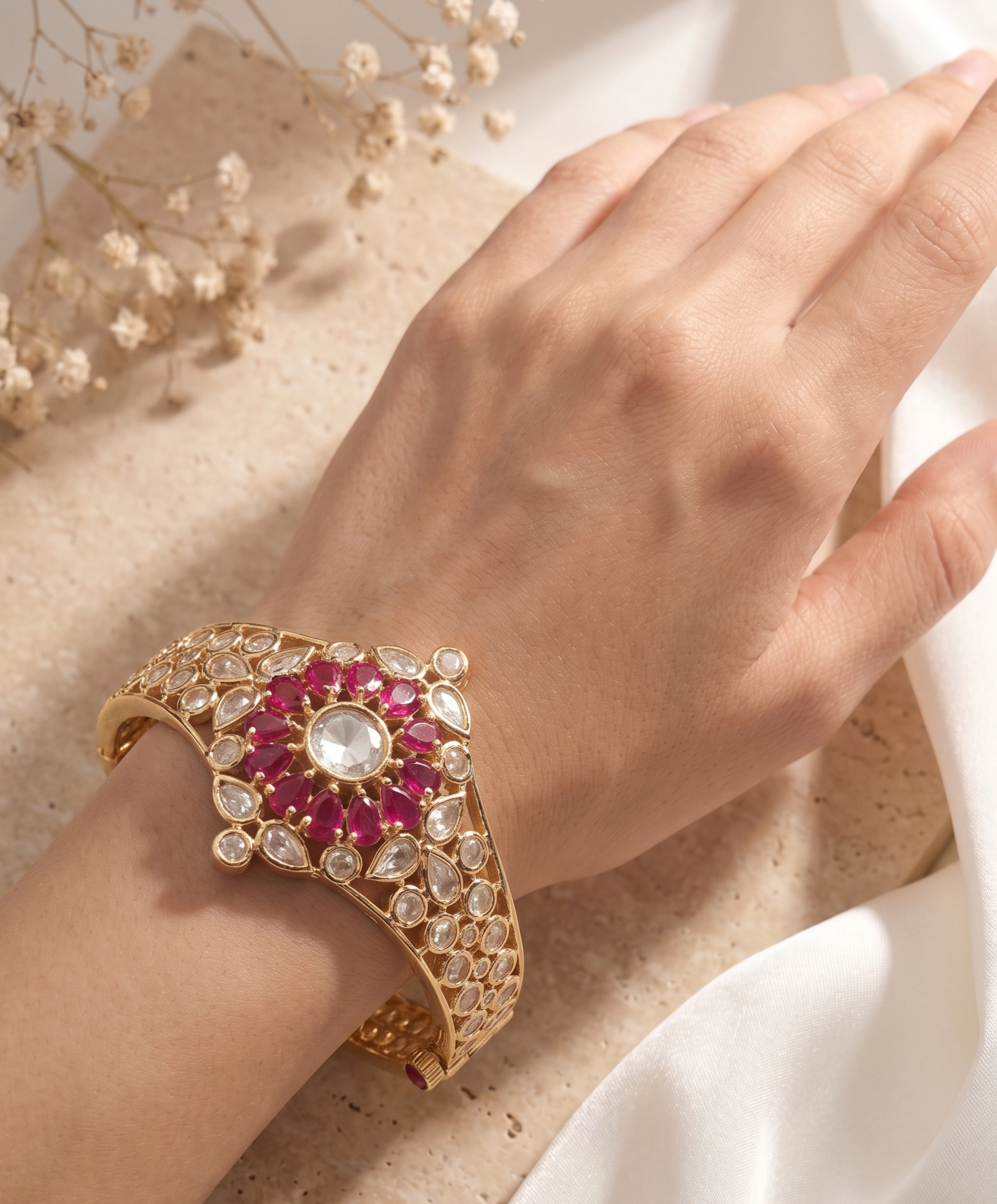 Pannika Green Stone Kundan  Floral Polki Style Oenable Bracelet  for Women