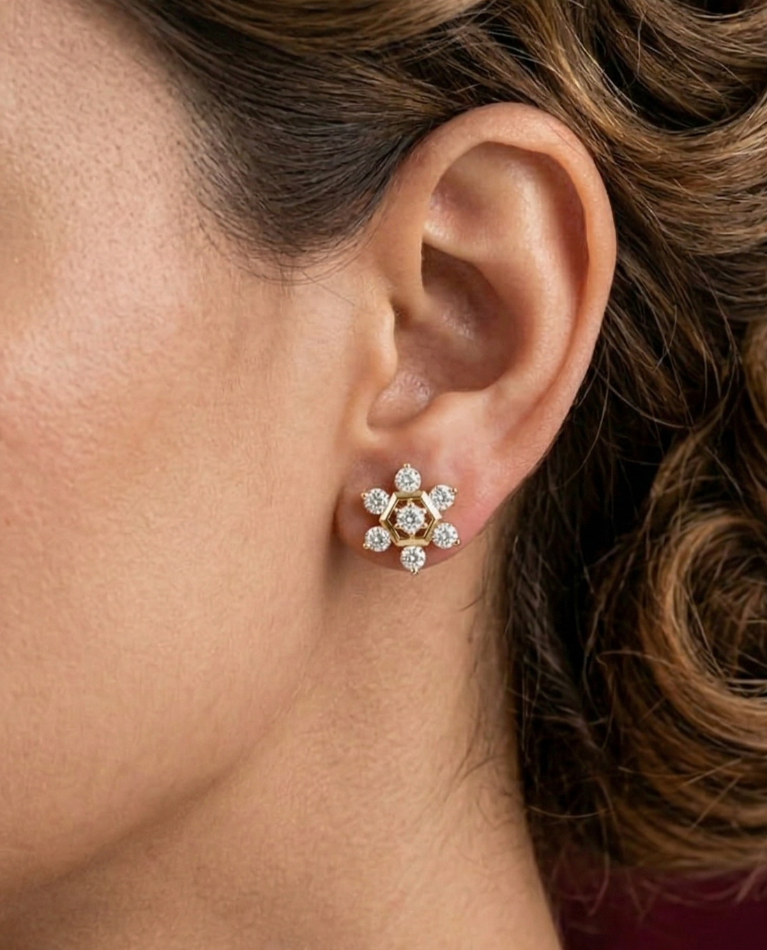 Premium Hexa Bloom Studs – Gold Polish Diamond Floral Earrings