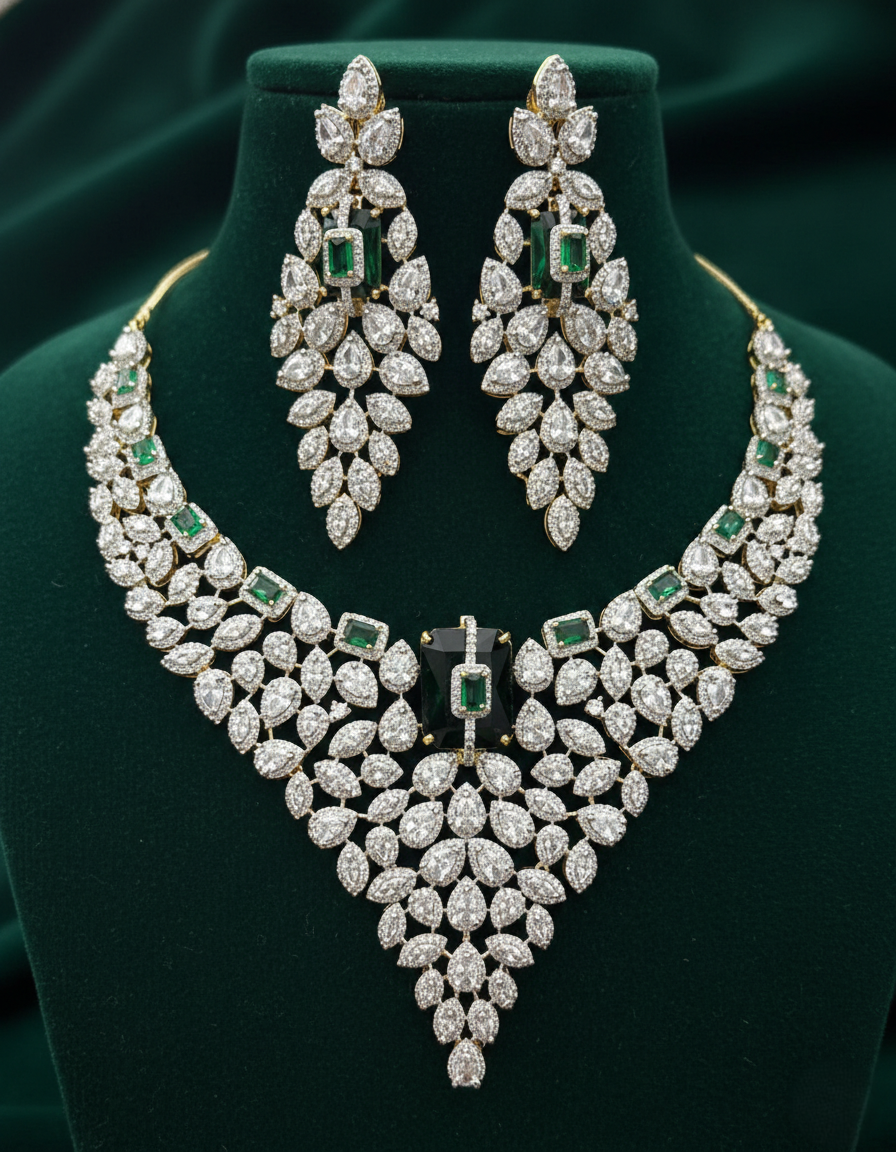 Green Emerald Style Diamond Necklace Set with Matching Earrings