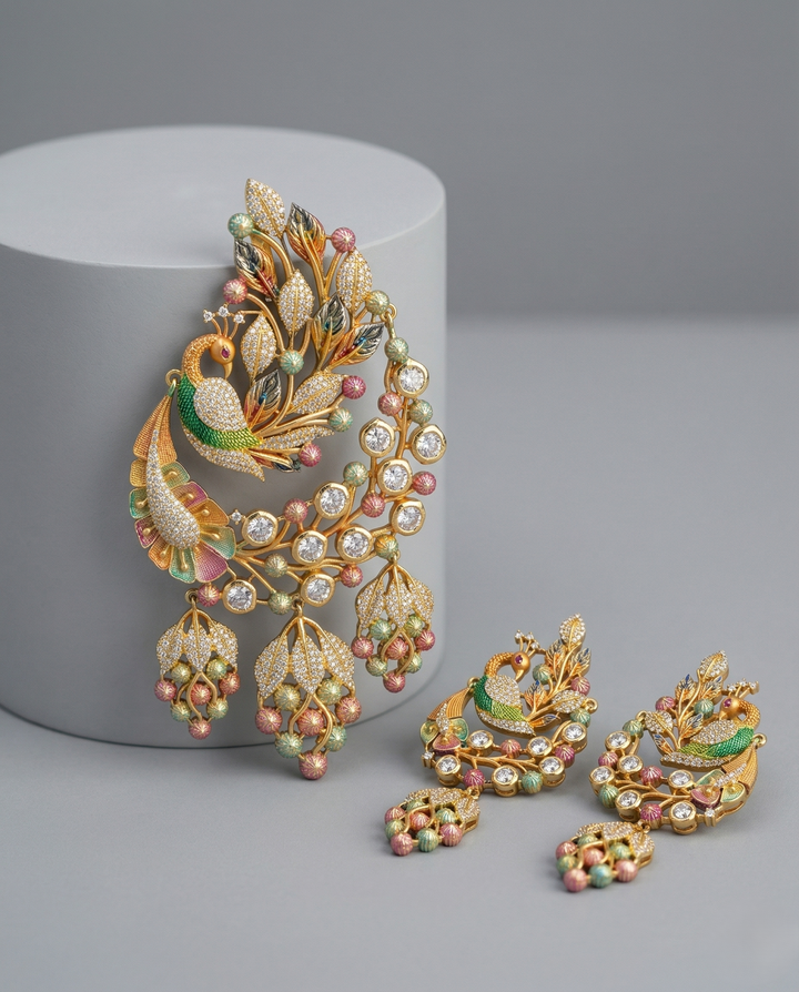 Premium Mayura Heritage Pendant Set – Gold Polish Peacock Design