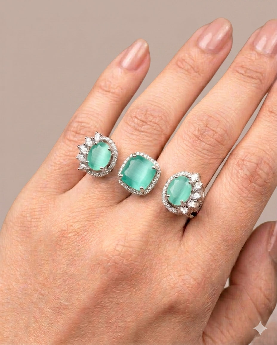Meher Luxe Stone Adjustable Ring Trio – Elegant Crystal Statement Rings