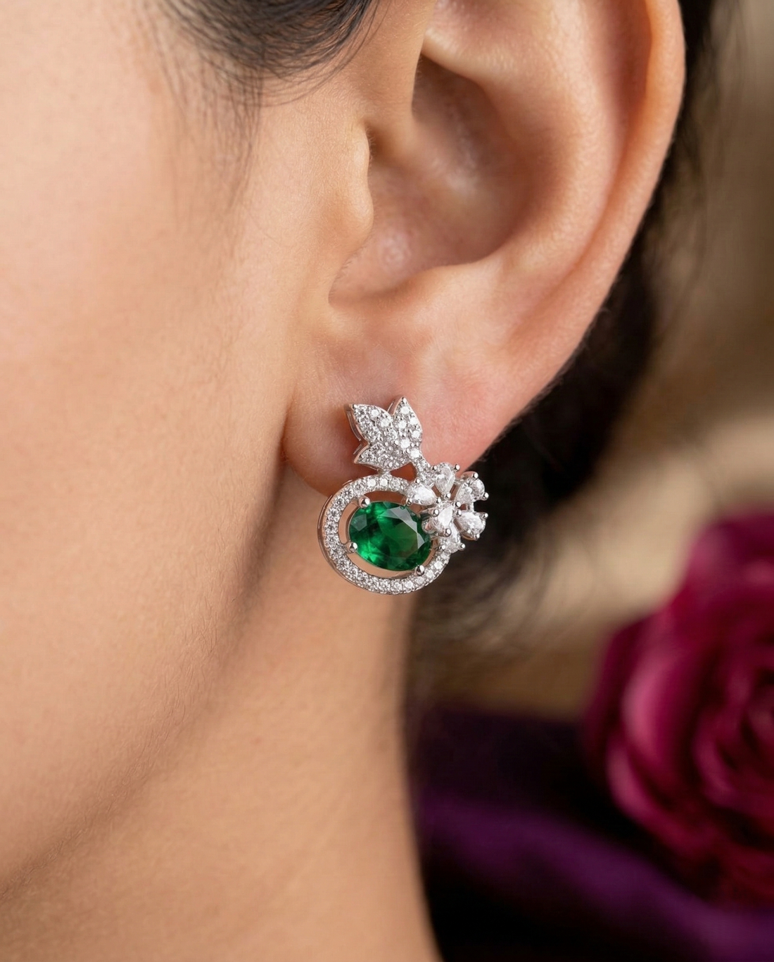 Butterfly Floral CZ Designer Stud Earrings – Silver Finish | 10 Colour Variants