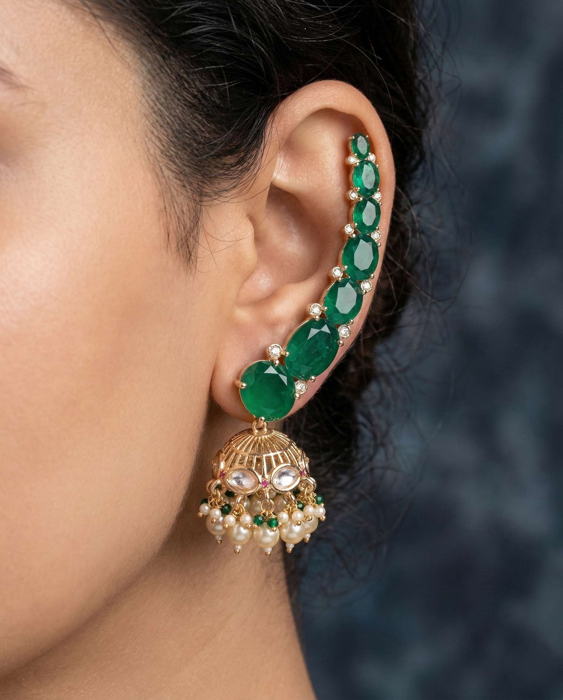 Premium Kundan Ear Cuff Jhumka Earrings Green Red Gold Finish