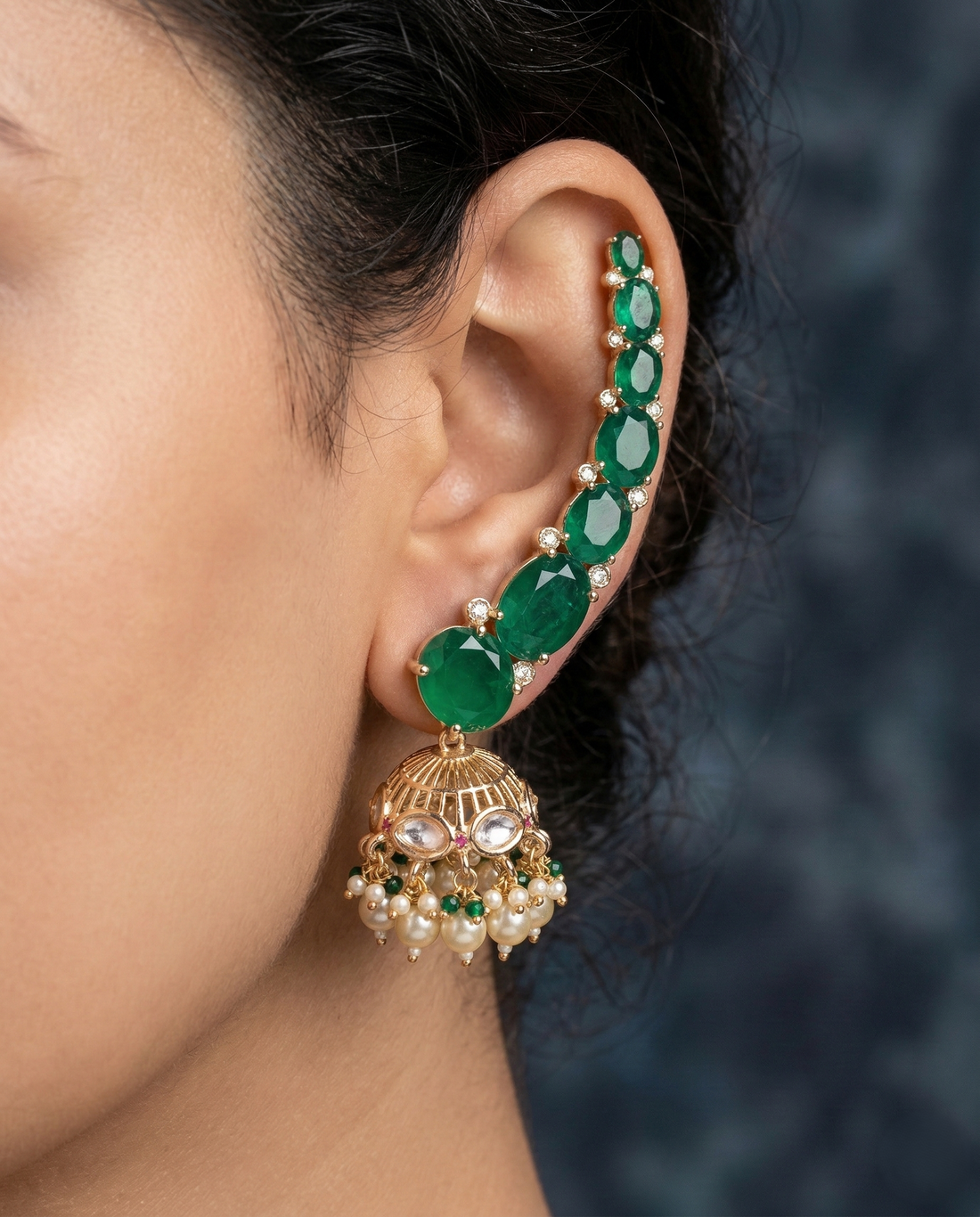 Premium Kundan Ear Cuff Jhumka Earrings Green Red Gold Finish