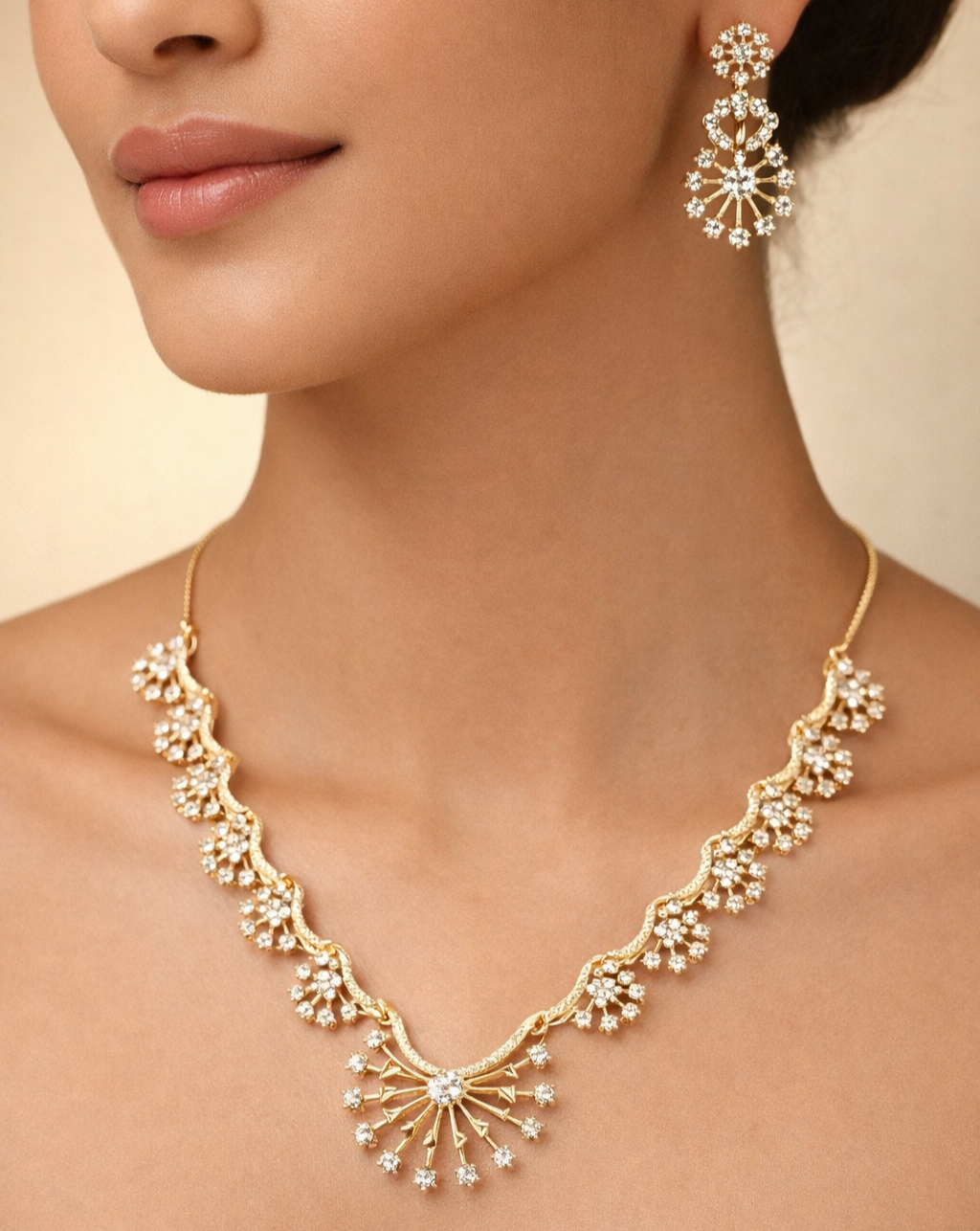 Gold necklace and earrings on a model against a neutral background
