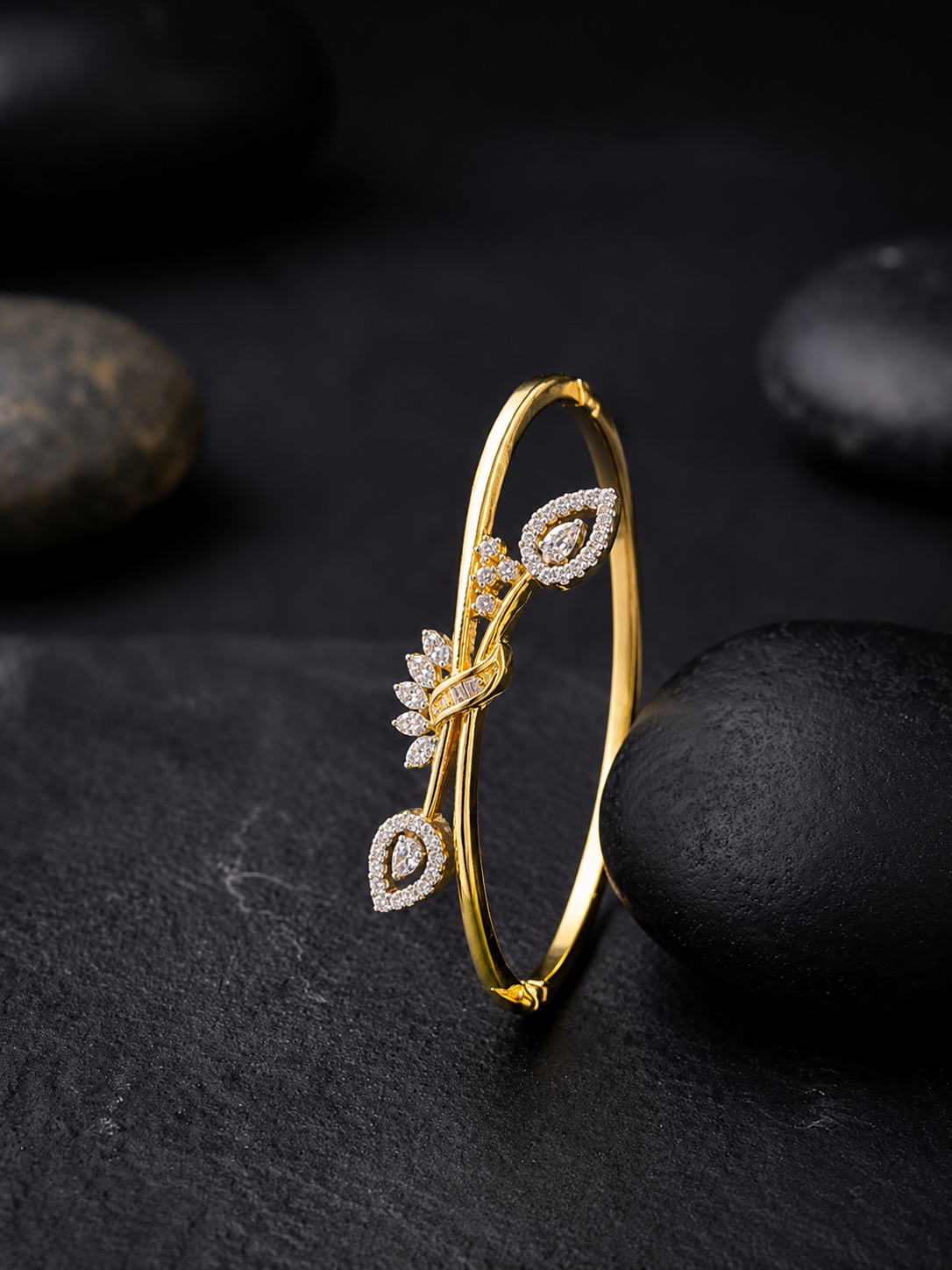 Gold-Plated Floral CZ Designer Bangle for Women | Elegant Diamond-Look Bracelet