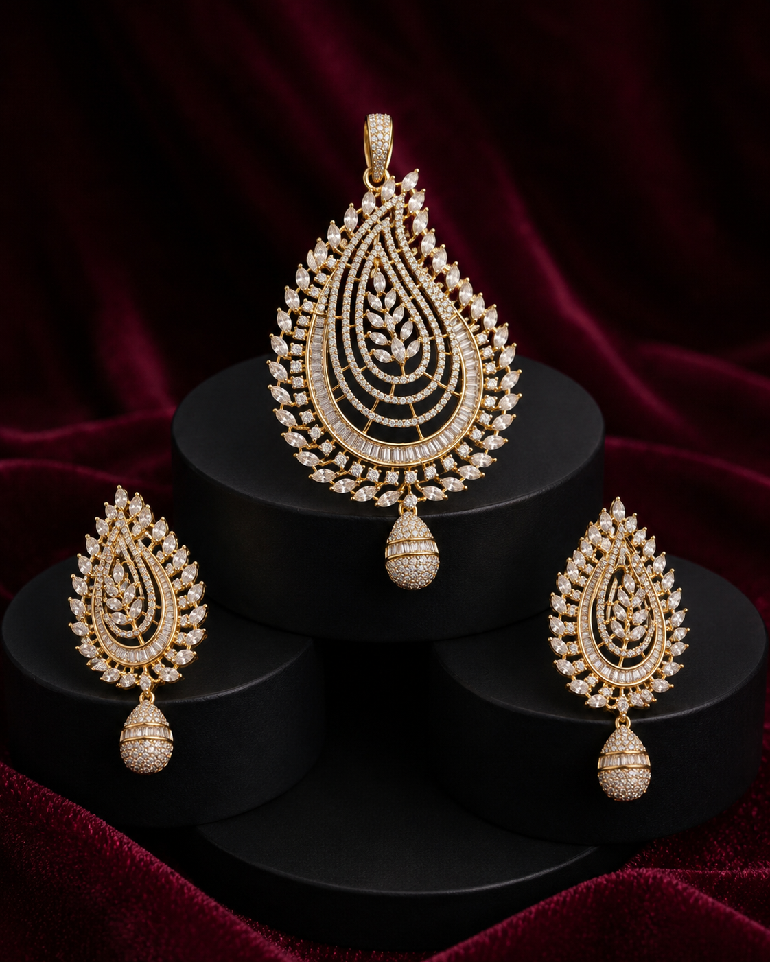 Gold-toned teardrop pendant necklace with matching drop earrings, displayed on black cylindrical pedestals against a deep burgundy velvet background.