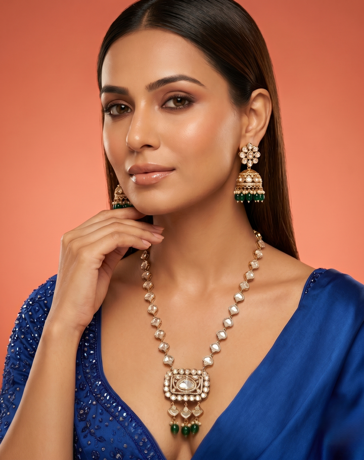 Gold Finish Kundan Long Necklace Set with Jhumka Earrings & Green Drops
