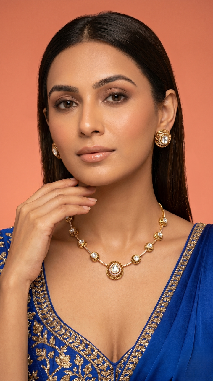 Gold Finish Kundan Style Necklace Set with Matching Stud Earrings

