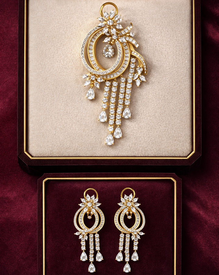 Luxury spiral diamond drop pendant necklace with earrings in gold finish, premium jewellery to buy online