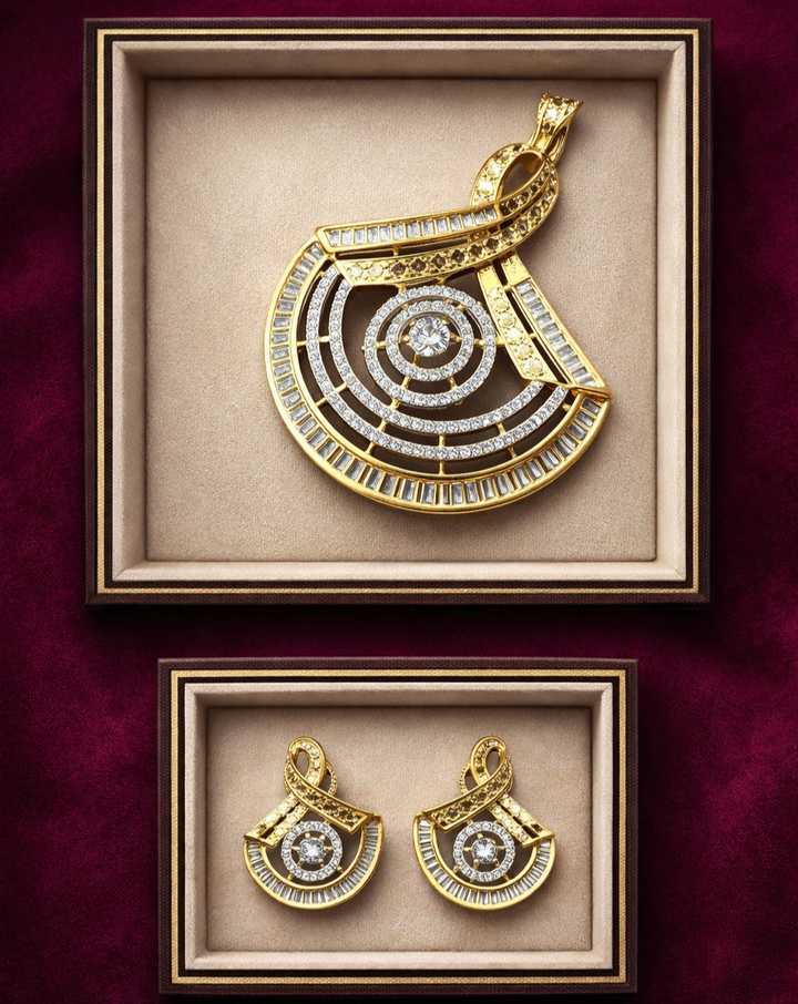 Luxury circular diamond pattern pendant necklace with earrings in gold finish, premium jewellery to buy online