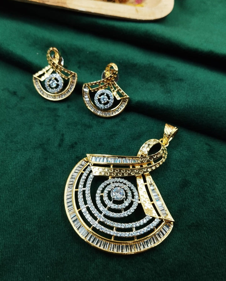Premium diamond look circular pendant set with coordinated earrings, designer jewellery available online