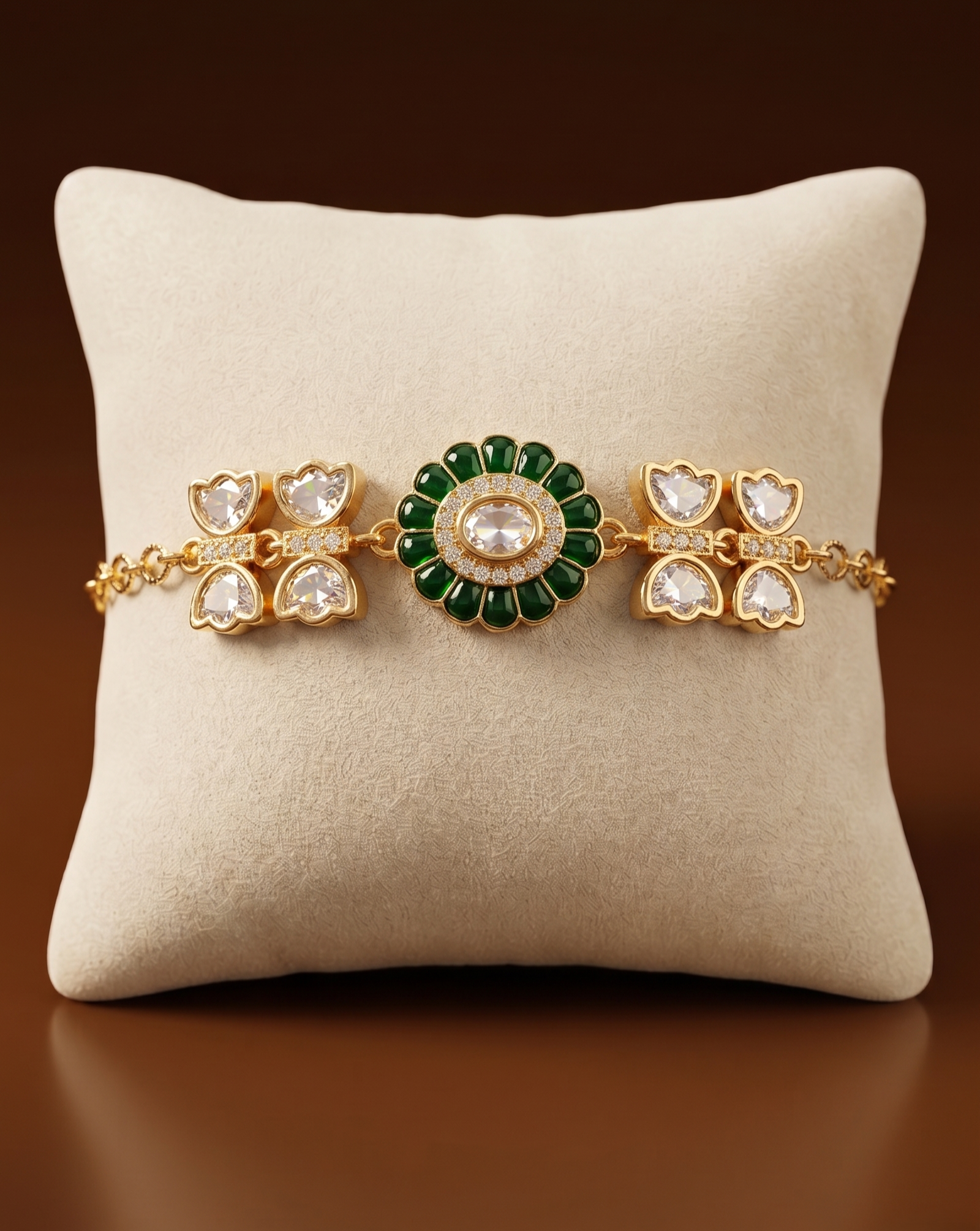 Gold and green gemstone bracelet on a beige cushion with a brown background
