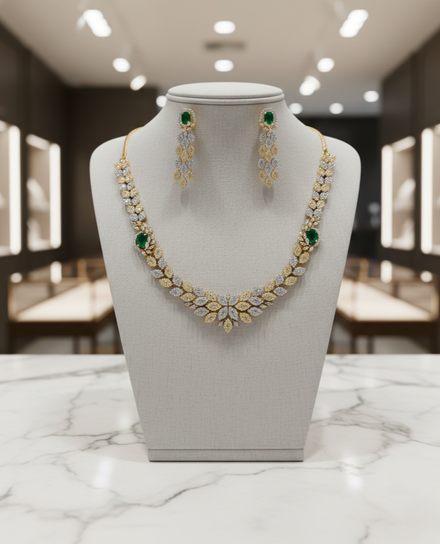 Luxury green gemstone necklace with gold polish earrings, premium Indian jewellery for online purchase