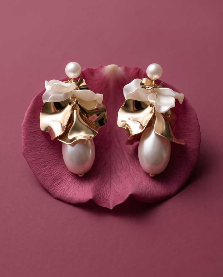 Gold and pearl earrings on a pink petal with a pink background