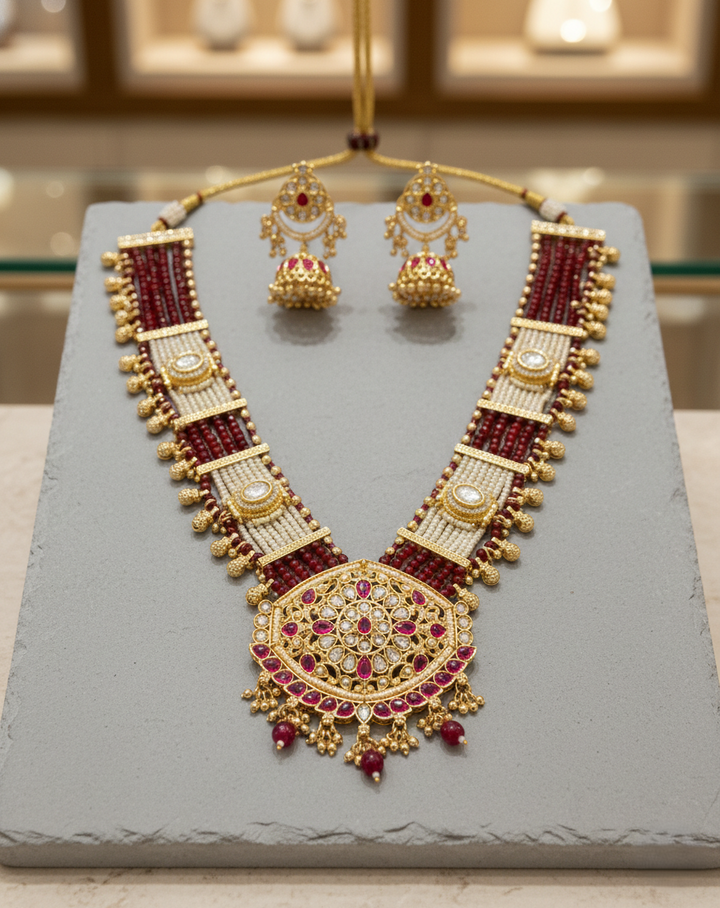 Bridal kundan necklace set accented with maroon beads, pearl panels, and jhumka earrings