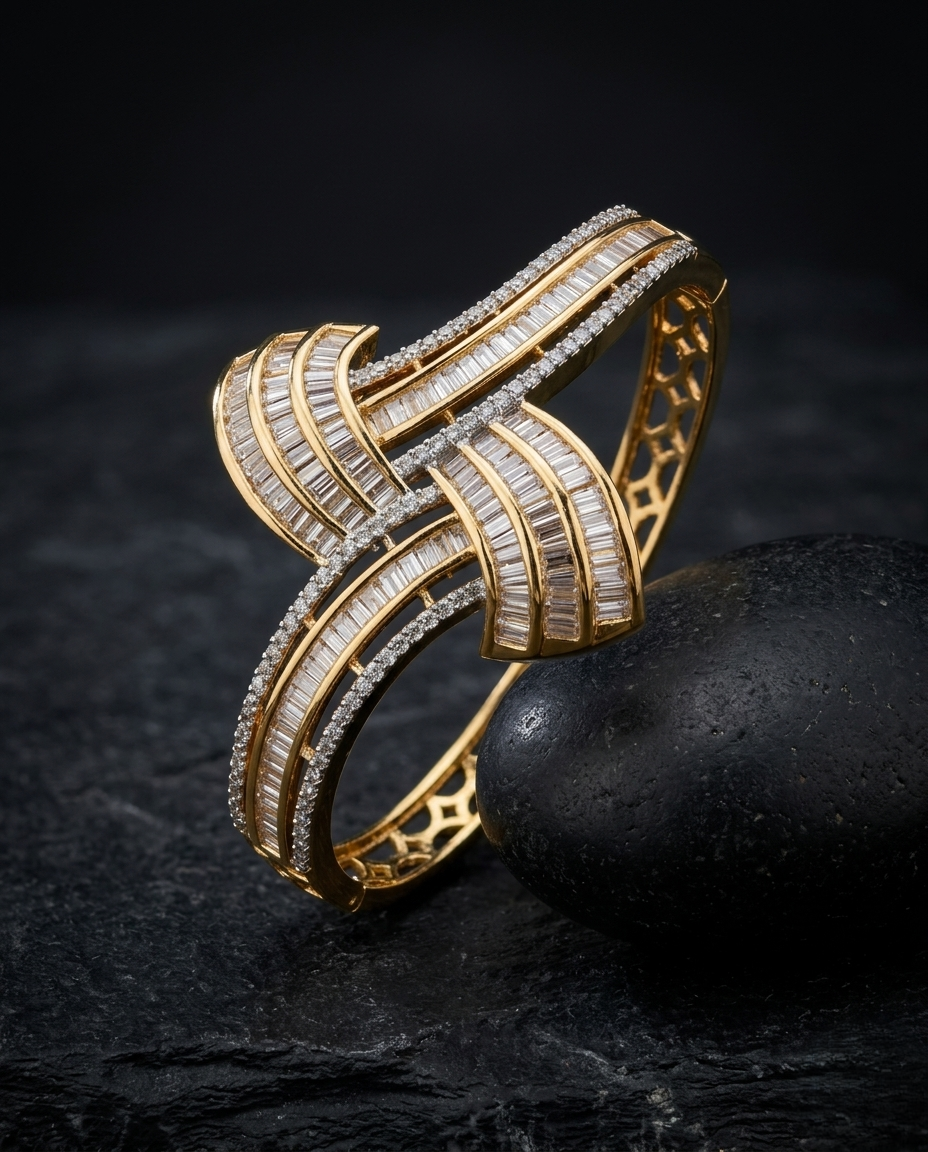 Gold bracelet with diamond accents on a dark textured surface