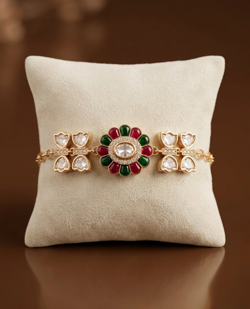 Gold bracelet with red and green gemstones on a beige pillow against a brown background
