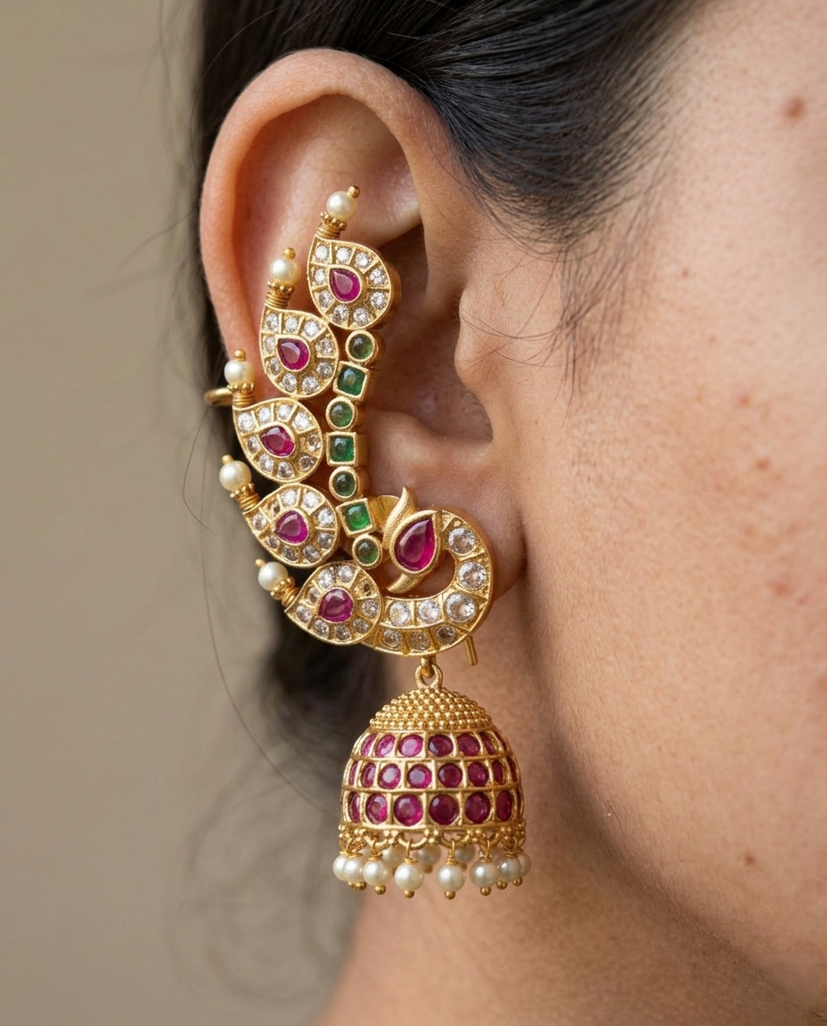 Gold earrings with red and green gemstones worn by a person