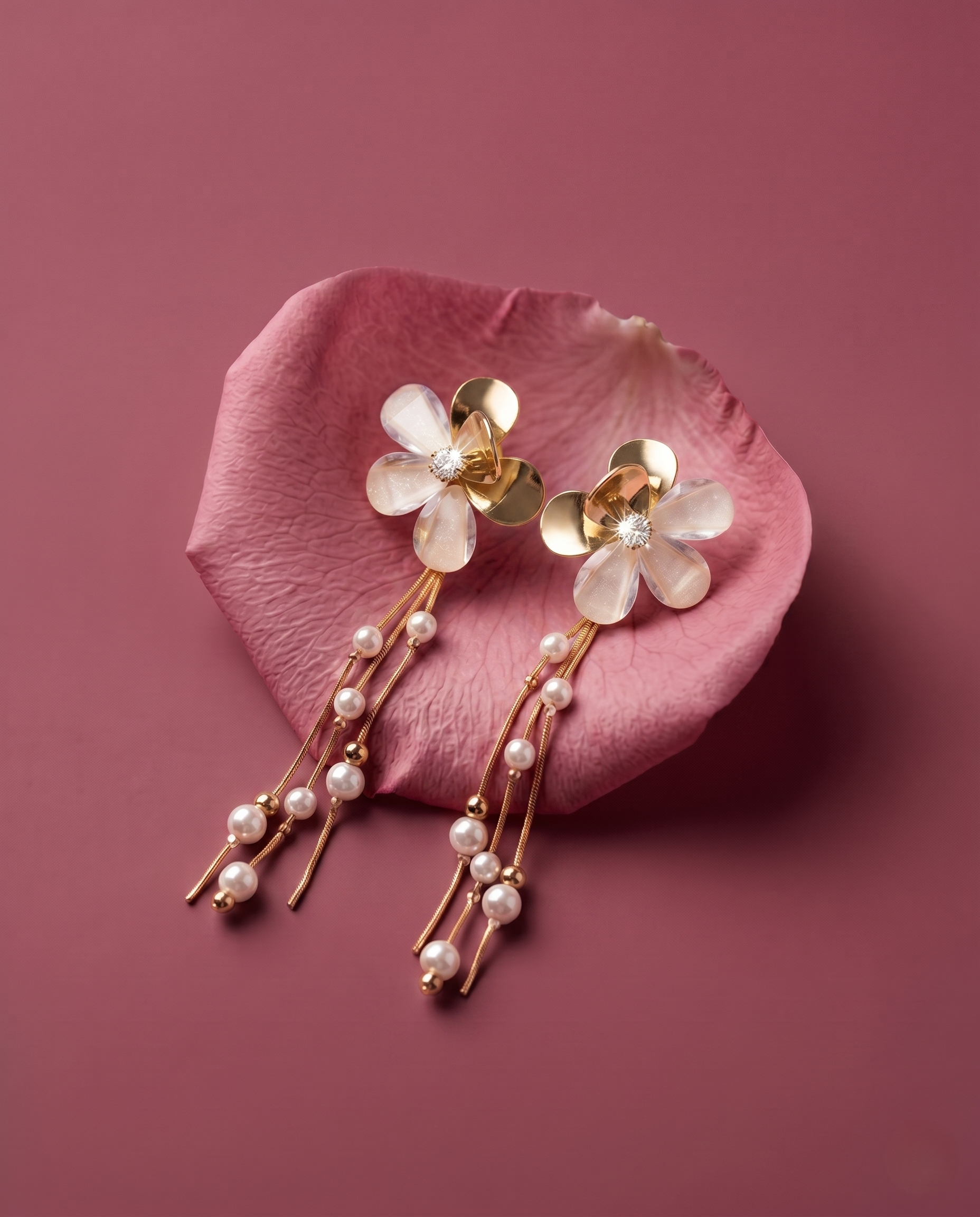 Gold floral earrings with pearl accents on a pink petal against a pink background