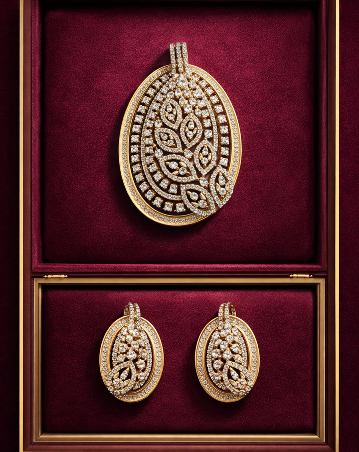 Gold jewelry set with pendant and earrings on a red velvet background