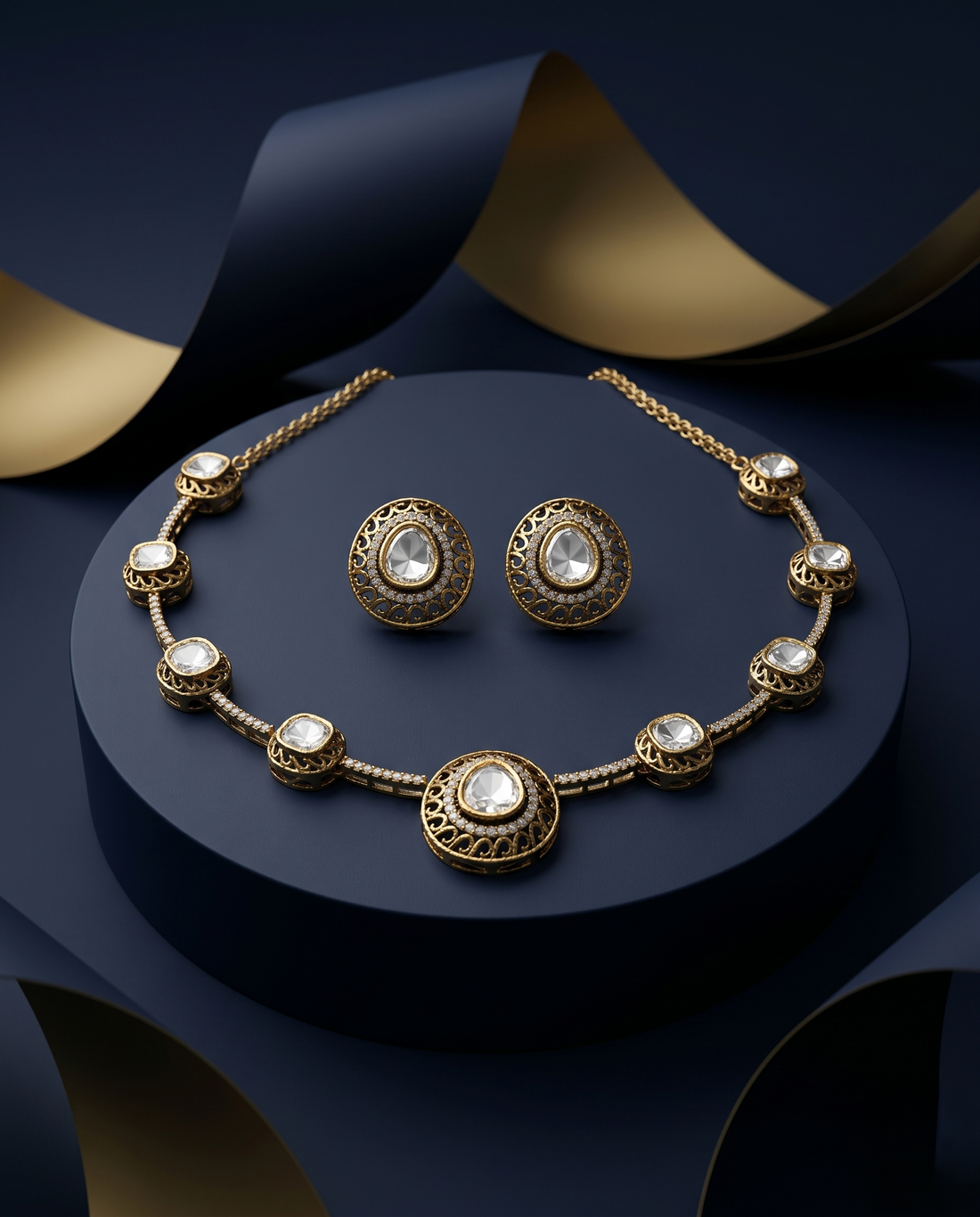 Gold necklace and earrings on a hand with a navy blue box in the background