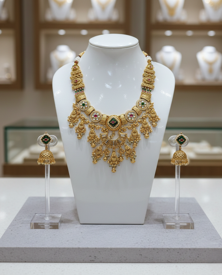 Gold necklace and earrings on a mannequin bust with a blurred jewelry store background