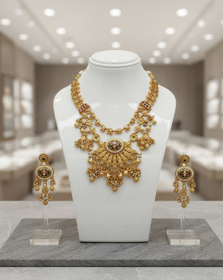 Gold necklace and earrings on a white mannequin bust with a blurred indoor background