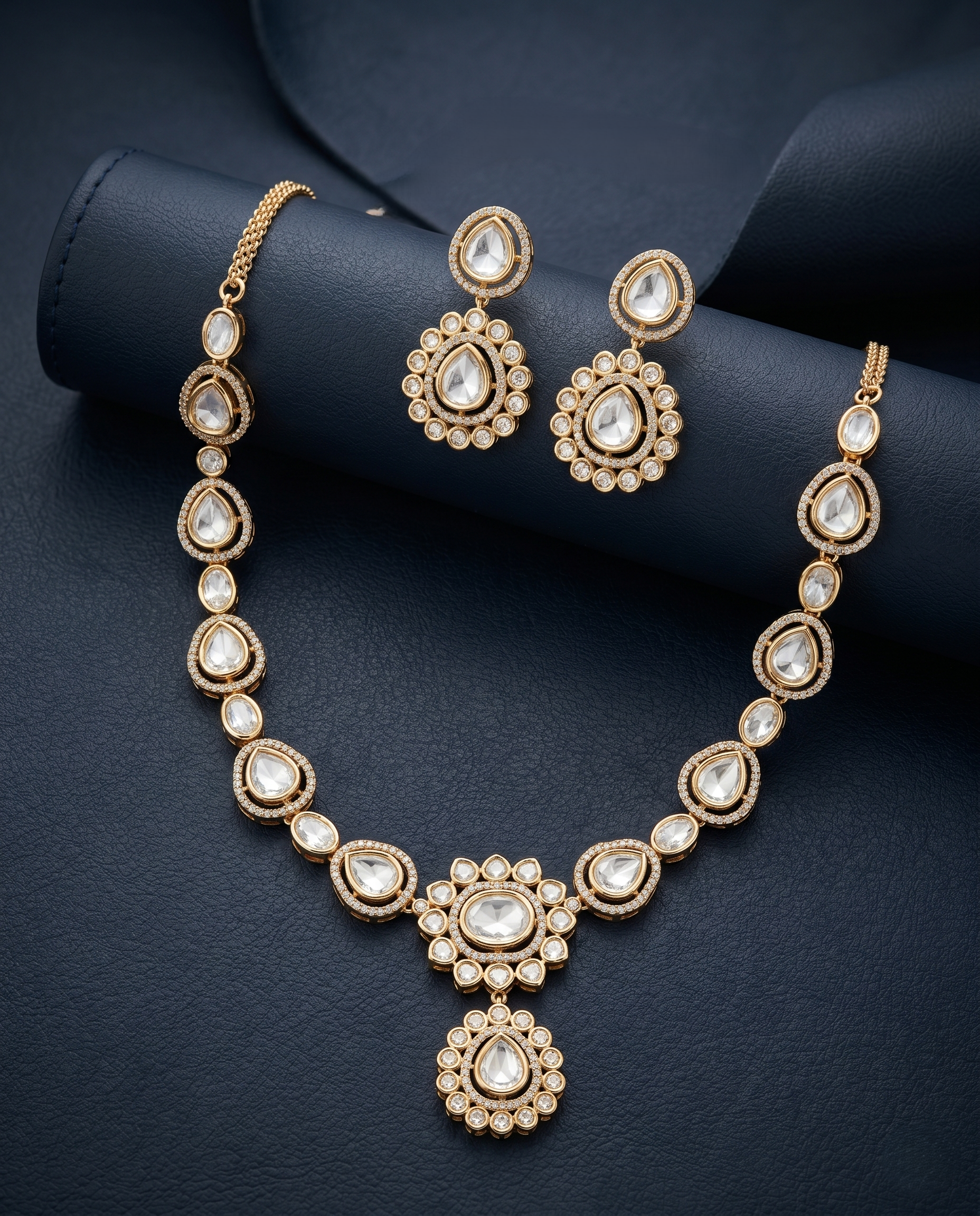 Gold necklace and earrings set on a dark background