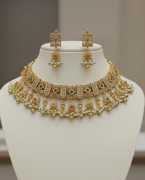 Gold necklace and earrings set on a white mannequin bust with a neutral background