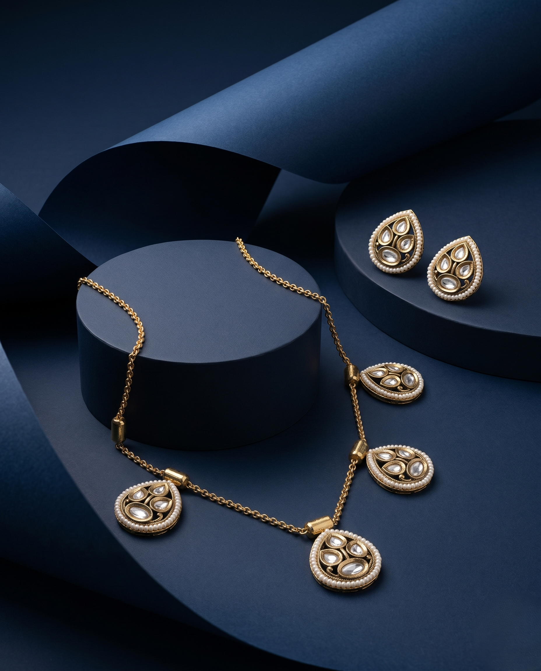 Gold necklace earrings a dark blue background