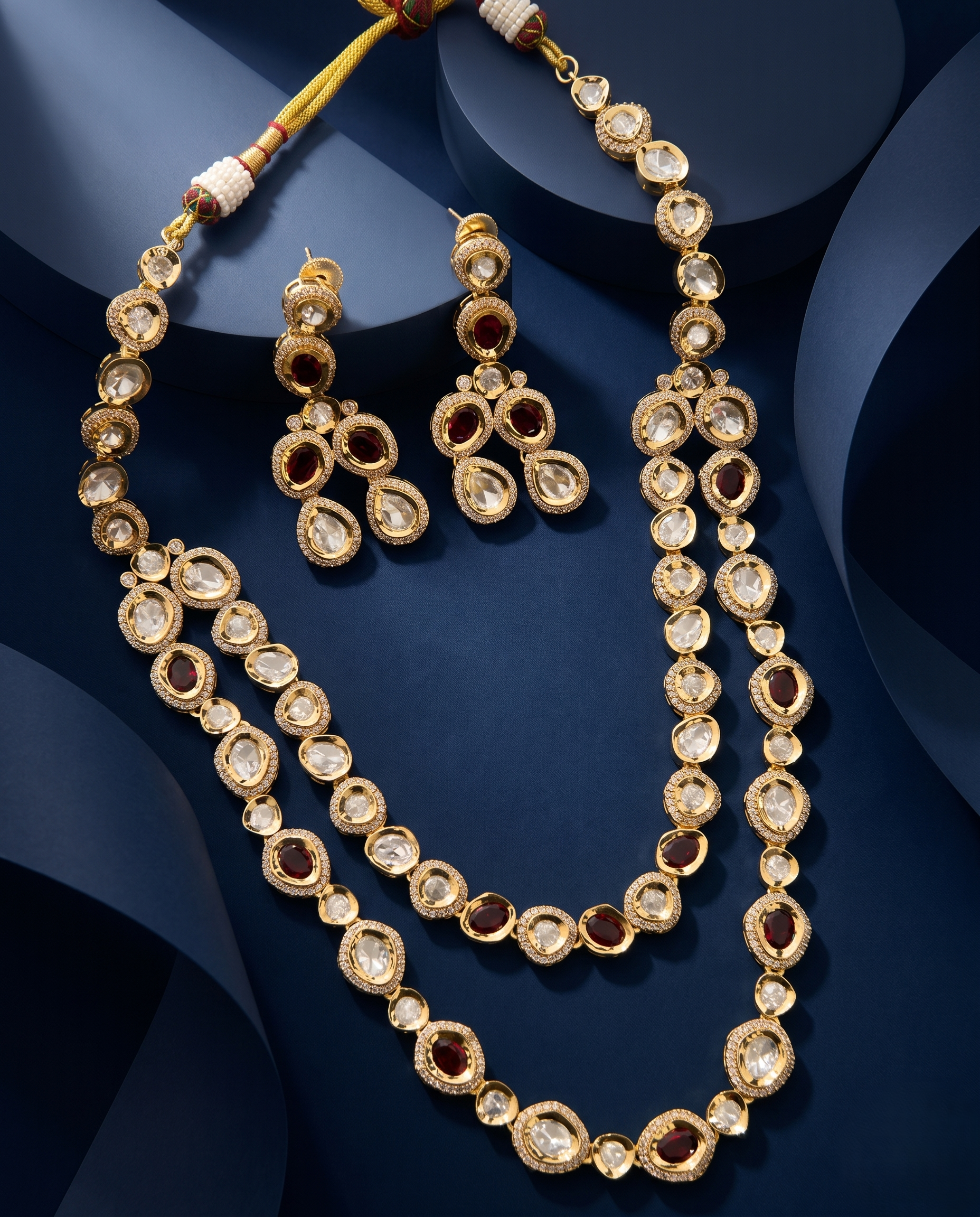 Gold necklace earrings on a dark blue background