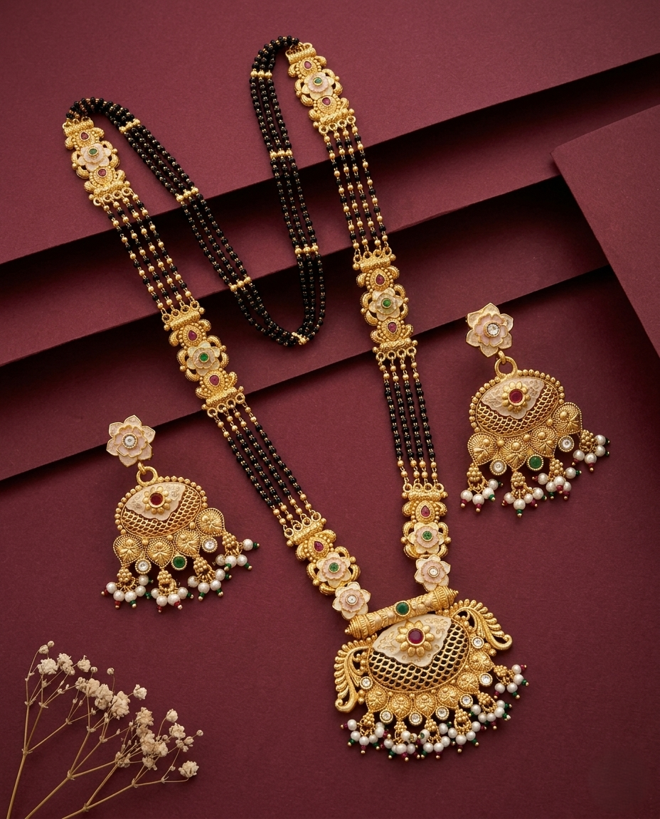 Gold necklace with black beads and matching earrings on a maroon background