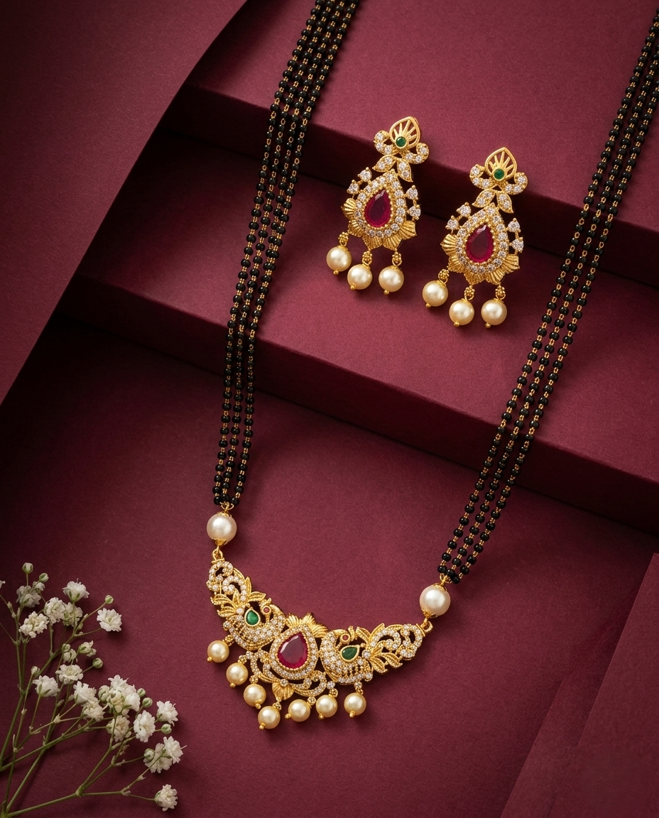 Gold necklace with pearls and red stones on a maroon background