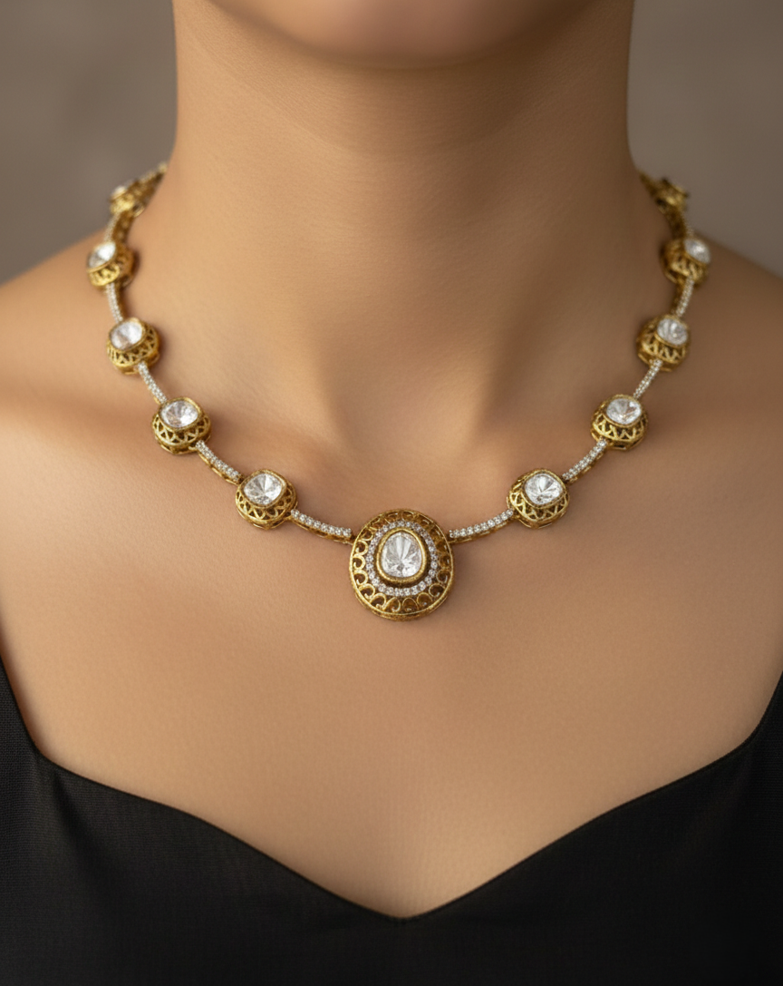 Gold necklace with pearls on a mannequin