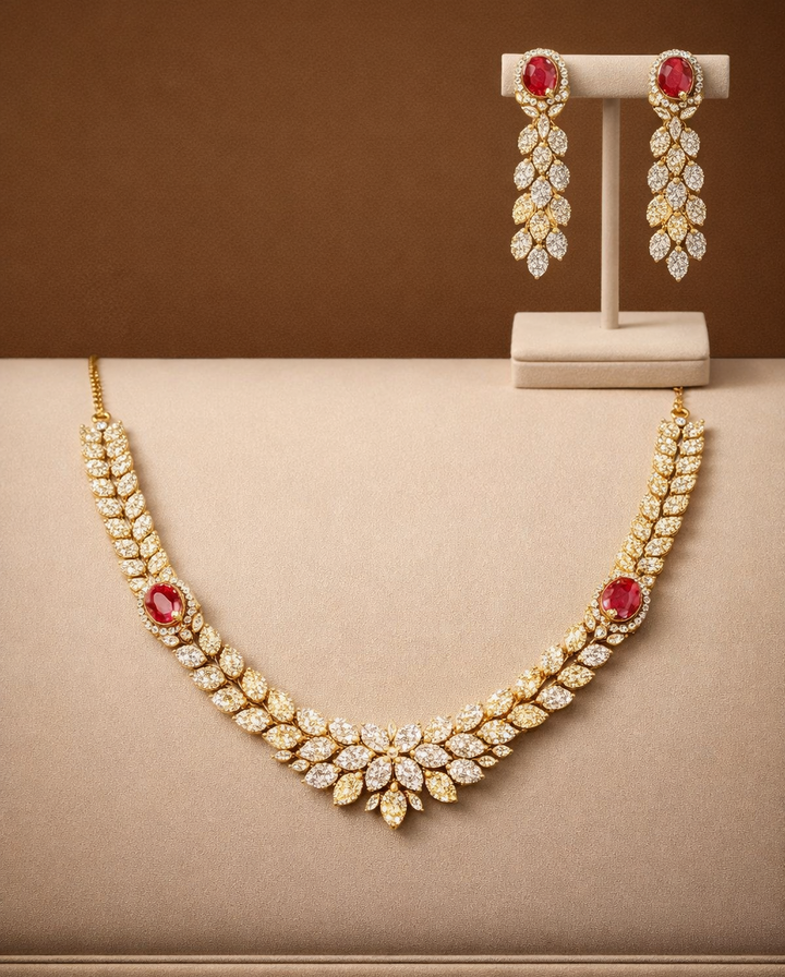 Stylish gold polish leaf design diamond necklace set with red stone detailing